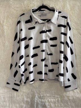 Reveuse Womens Artsy Brushstroke Button Up Blouse Size 1X White Black Office